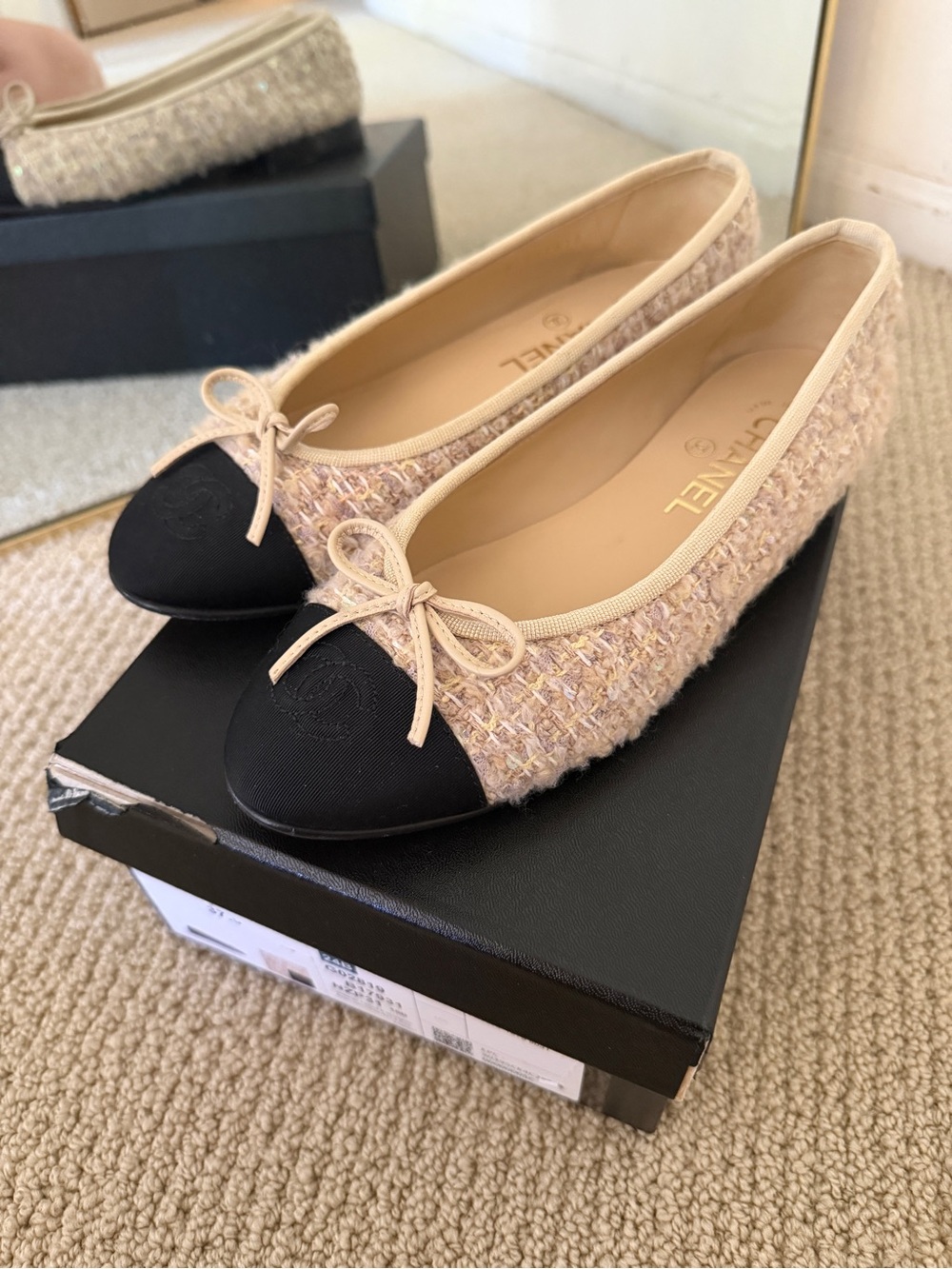 CHANEL Tweed Ballet Flats with Black Cap Toe